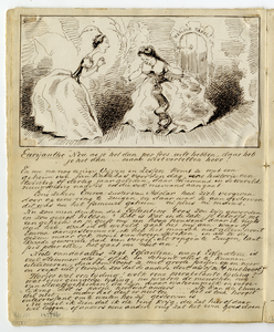 135566 Afbeelding van een pagina met een tekening van twee toneelspeelsters en geschreven commentaar op de opera ...